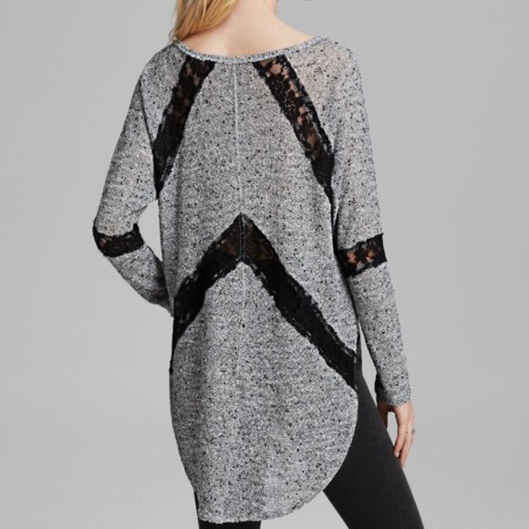 Free People Heathered Grey Flying V Hacci Lace Contrast High Low Sweater S - Picture 2 of 6